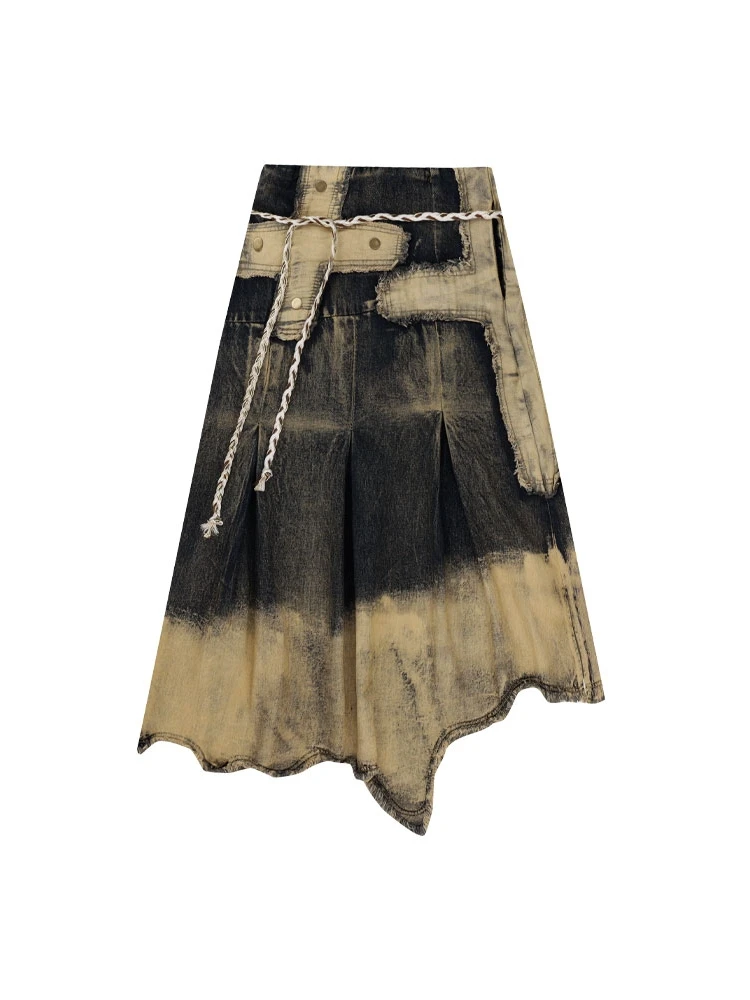 

Plus Size Heavyweight Distred Denim A-line Skirt for Women American Retro Y2K Design Long Skirt with Slits for Casual Wear