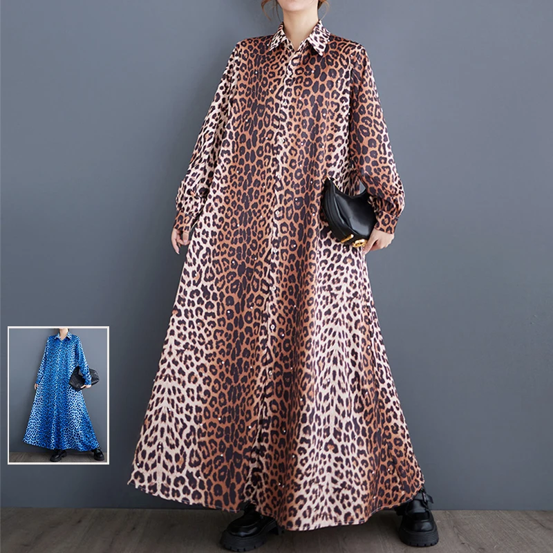 

Весенняя модная длинная длинная юбка-трапеция размера плюс с воротником-элементом для похудения с леопардовым принтом, повседневная юбка трапециевидной формы Dr