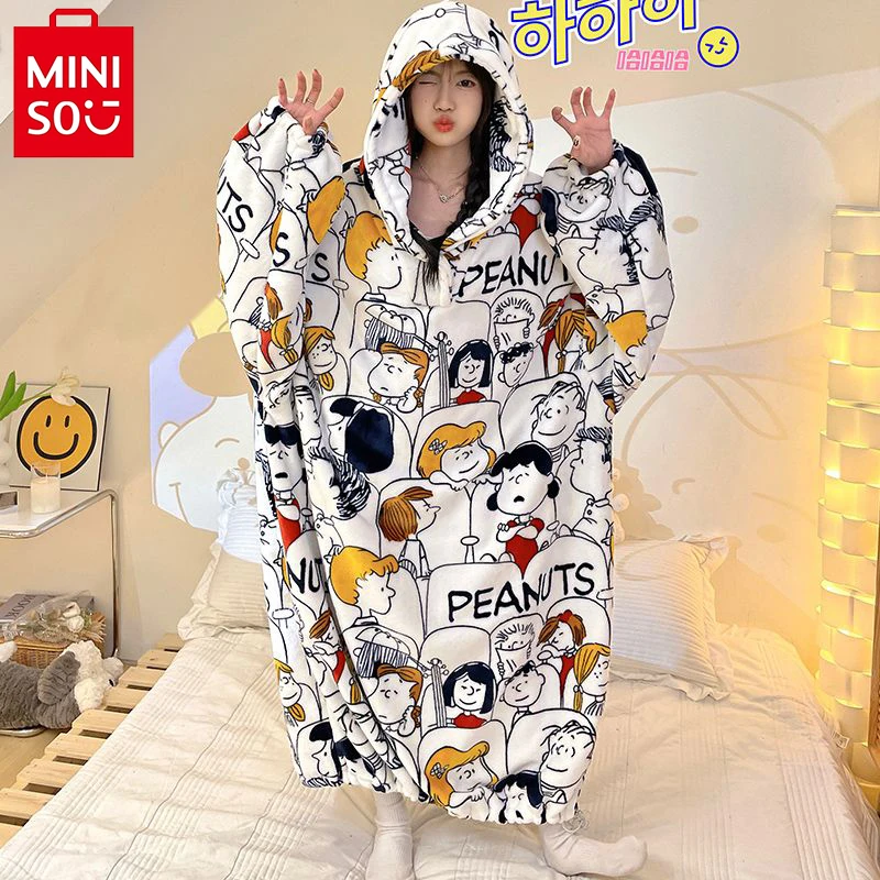 

Miniso Snoopy Nightgown Cartoon Cute Flannel Nightgown Women Autumn Winter Home Warm Nightgown Thickened Bathrobe Birthday Gift