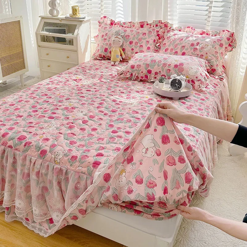 2026 Light Luxury Pure Cottons Princess Style Lace Bed Cover Three Piece Set of Thick Non Slip Cotton Bed Sheets for Comfort