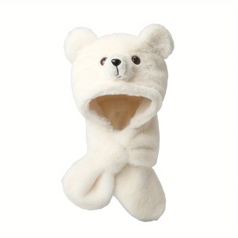 1pair Of Cartoon Bear Gloves & Hat For Autumn And Winter, 2 In 1 Cute Warm Keeping Plush Hat & Gloves