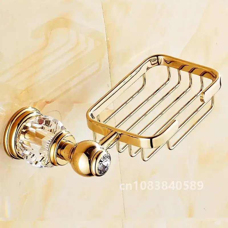 Luxury Gold Crystal Brass Bathroom Accessories Bathroom Hardware Set Gold Soap Dish Towel Holder Hair Dryer Rack Paper Net 2