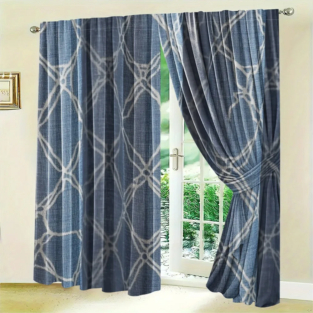 Blue Patterned Curtains Window Drapes Polyester Filter Screen Modern Living Room Bedroom Curtains Set Thermal Blocking Sunlight