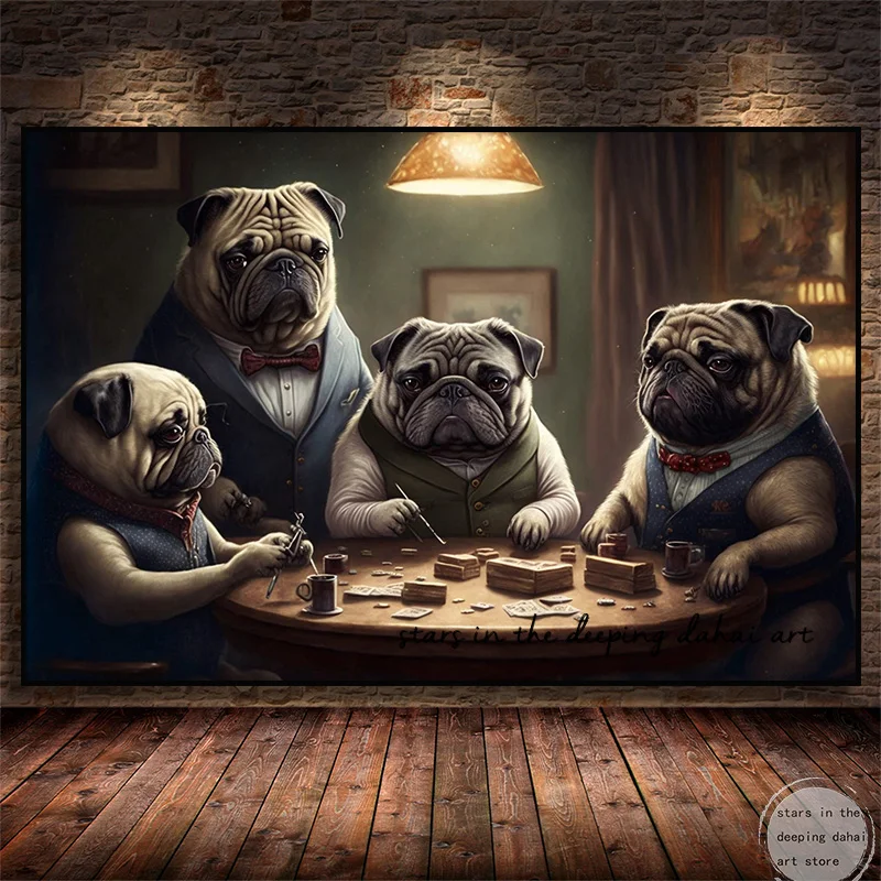 Vintage Animal Bulldogs Pugs Playing Pokers Art Poster Canvas Painting Wall Prints Picture for Living Room Home Decor Cuadros