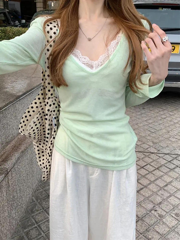 Csa de Protección Solar de Manga Larga con Capas Suaves Estilo Coreano para Mujer, Top de Manga Larga con Ribete de Encaje...