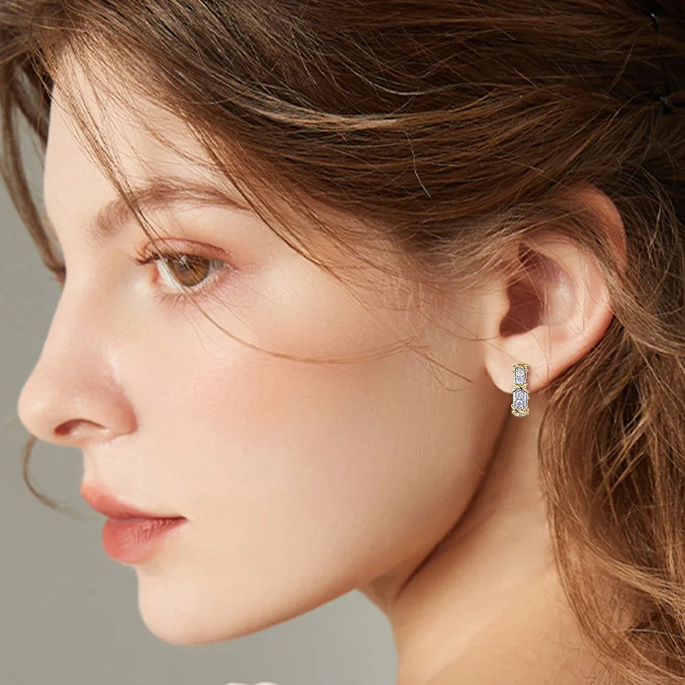 X-Shape Yellow Gold Cross Moissanite Diamond Hoop Earrings for Women 925 Sterling Silver Plated 18k Gold U-shaped Ear Buckle