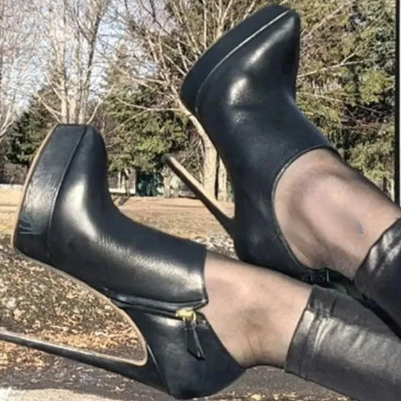 

Concise Black Leather Pointy Platform Ankle Boots Side Zipper Low Cutouts Stiletto High Heels Women Short Booties