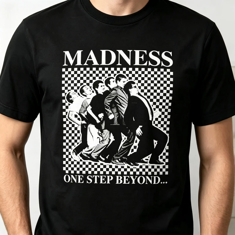 Vintage Madness Band T Shirt One Step Beyond Album Checkerboard Graphic Tee Retro Ska Music Fan Short Sleeve Cotton Y2k Top
