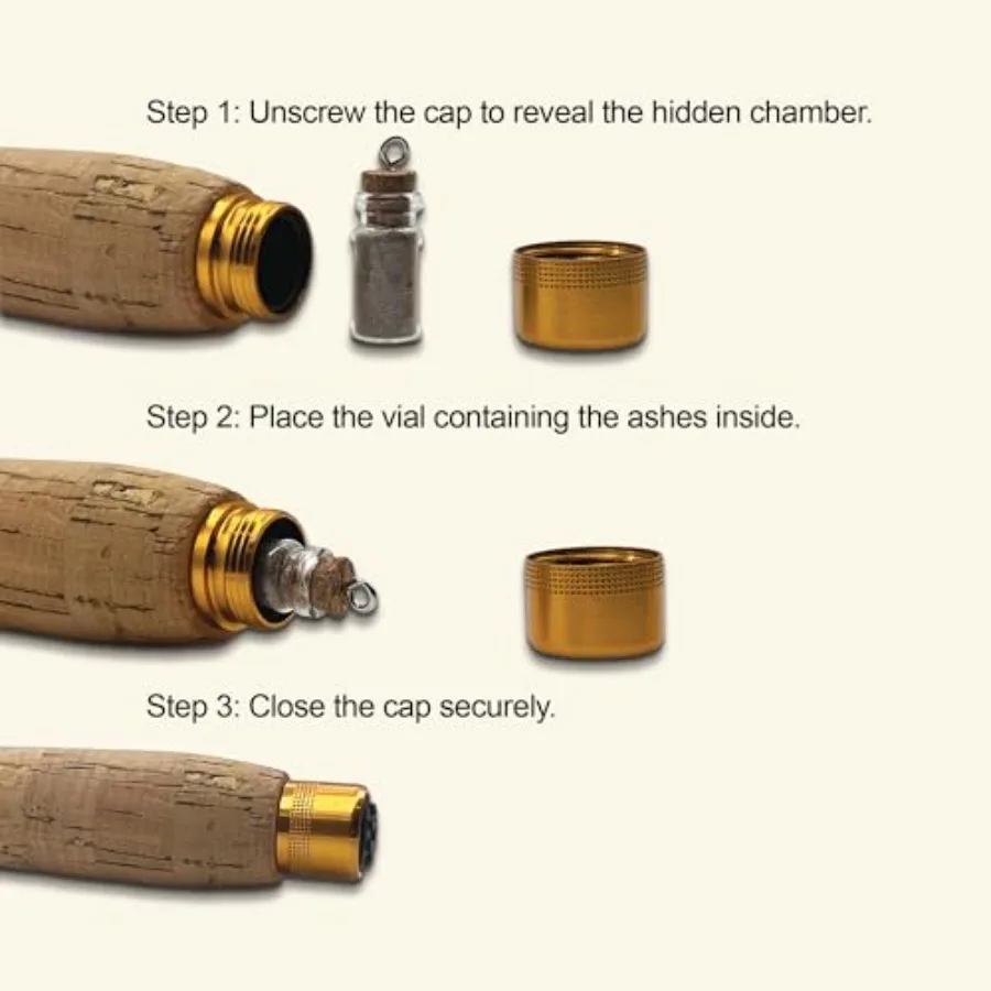 Fishing memorial urn for human ashes: telescopic rod design, black matte finish, personalized engraved message, hidden ash vial
