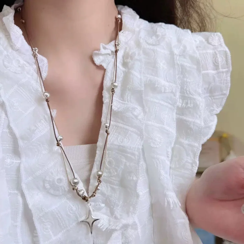 Korean Fashion Four Star Pendant Necklace for Women Simple All-match Sweet Cool Spicy Exquisite Adjustable Sweater Chain