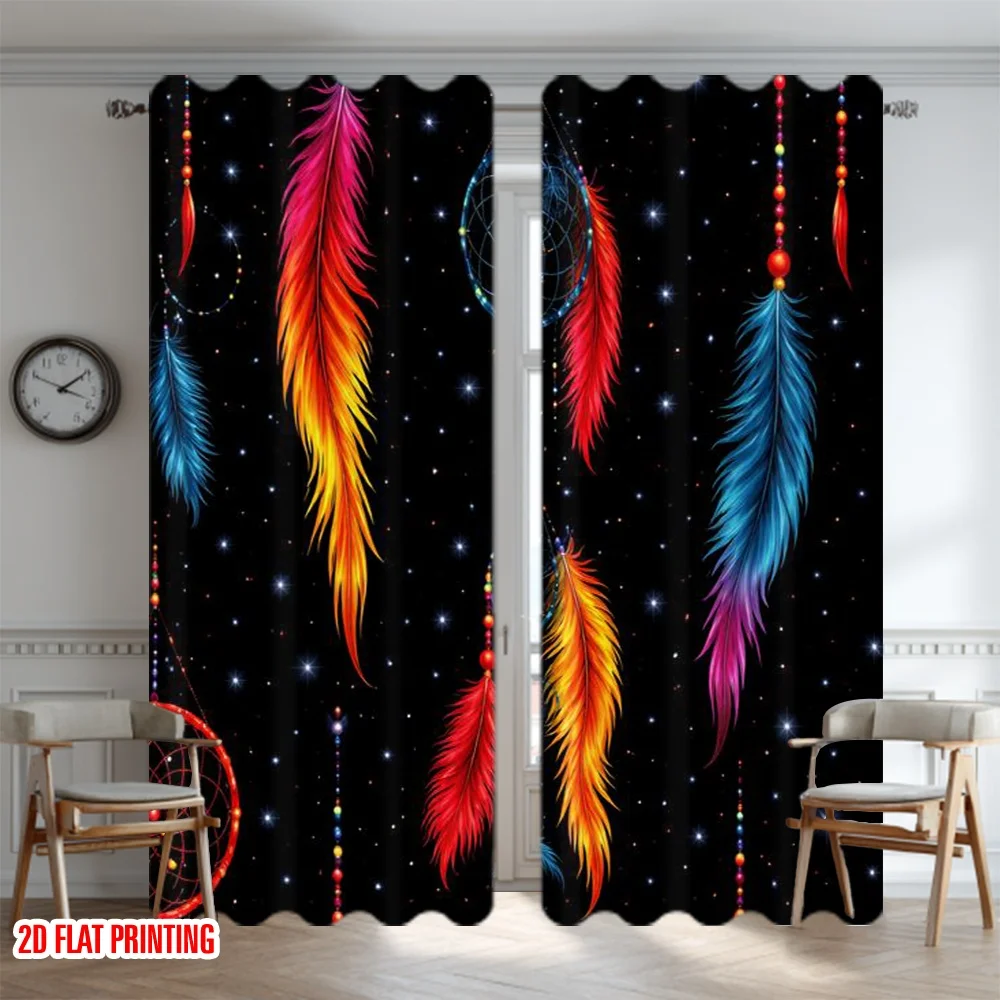 2D flat printing 2pcs Curtain Window Treatment Curtains Colorful Dreamcatchers and Feathers Digital Printed Polyester Drapes All