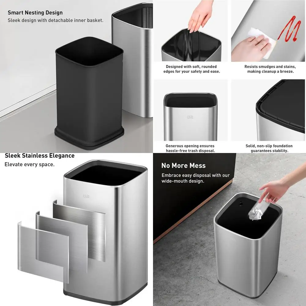 

Stainless Steel Dual-Bin Trash Cans, 1.8 & 3.2 Gallon, Removable Baskets for Home, Office, Kitchen, Bathroom