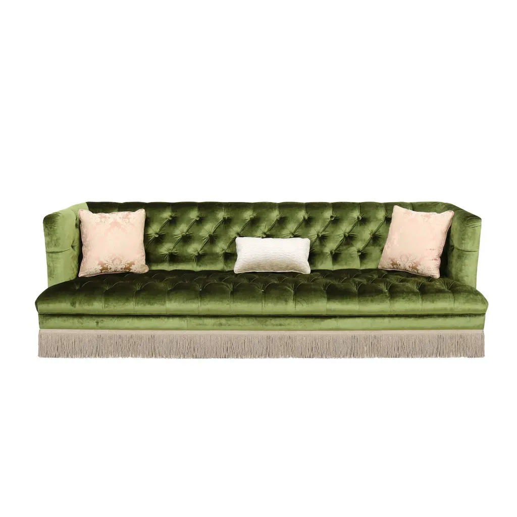 #European Style Modern Three Seat Button Tufted Green Velvet Upholstered Fringe Sofa Set for Apartment Gym Night Club Restaurant