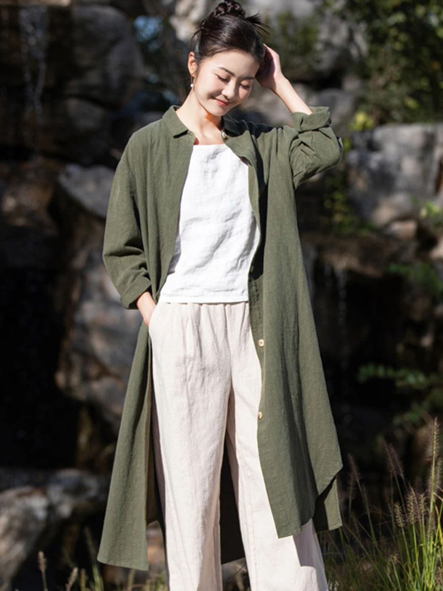 Original Cotton Linen Long Coat with Large Collar Thick Retro Style Women's Outerwear Straight Cut Shirt Style Open Cardigan ...