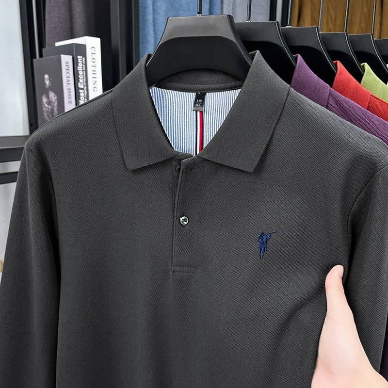 

Spring and Autumn Collection: 100% Cotton Men's Long Sleeve Polo Shirt Collar T-shirt Autumn Thin Embroidered Straight Top