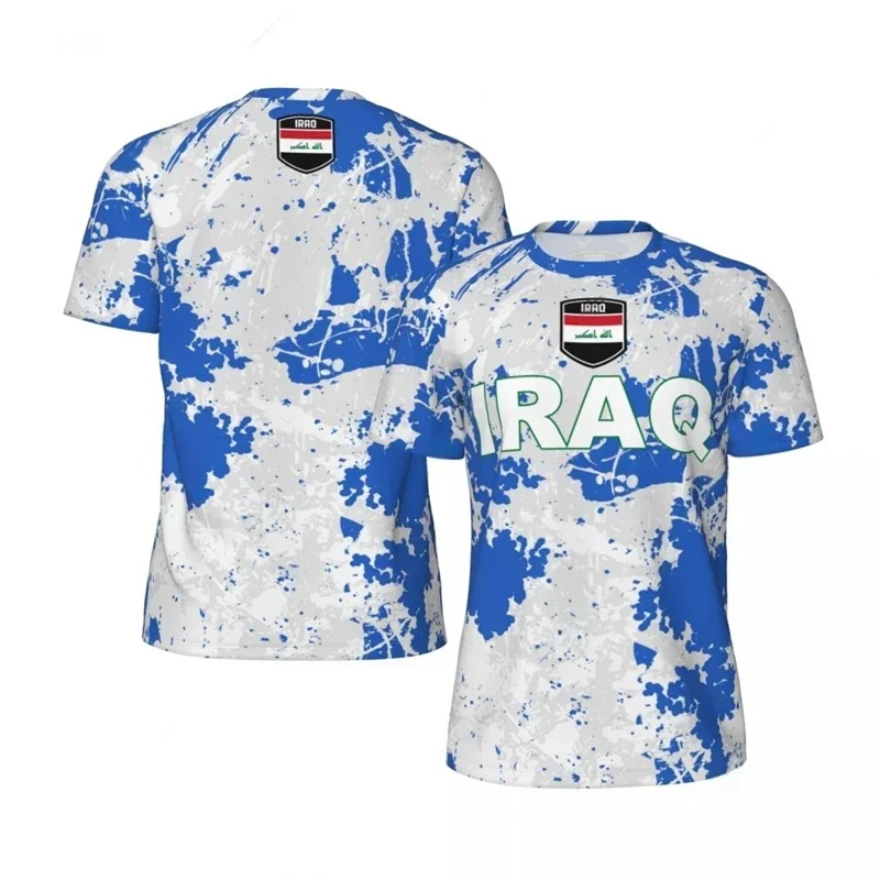 تي شيرت كرة القدم للرجال مطبوع عليه علم العراق، تي شيرت رياضي بشعار وطني عصري، تي شيرت كاجوال كبير يسمح بمرور الهواء