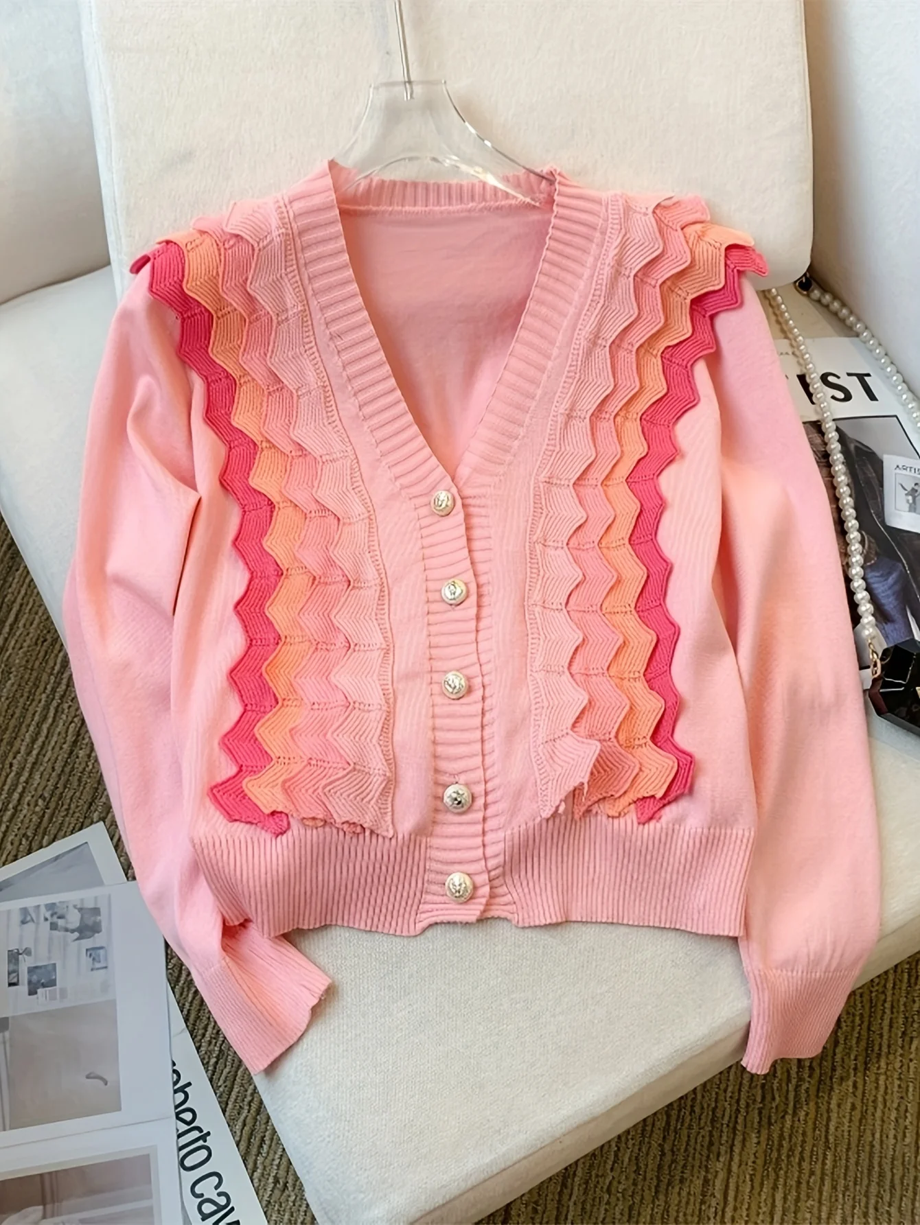 

2024 New Contrast Color Striped Button Down Knit Cardigan Casual Long Sleeve Y2K Stylish Sweater Women's Clothing