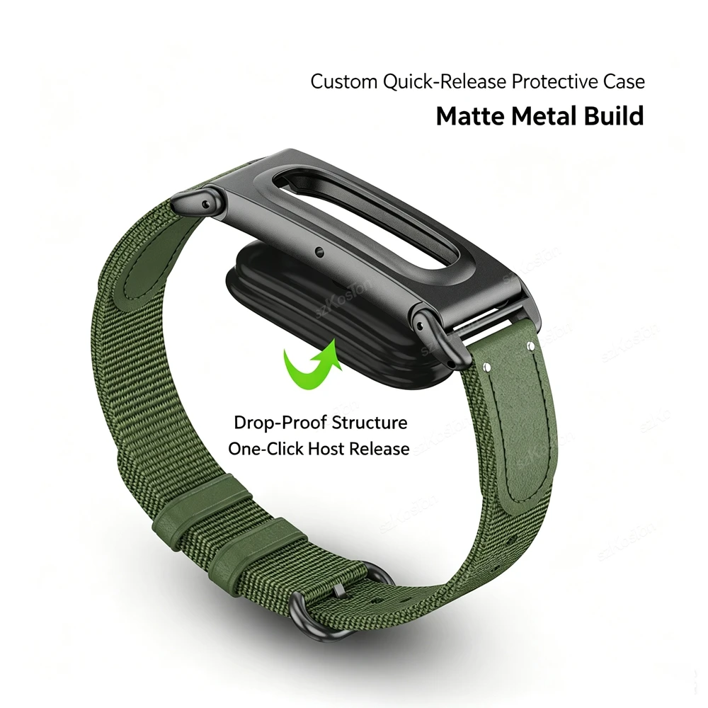 Military Nylon Watch Band for Fitbit Air with Matte Metal Protector Case Leather Accents Outdoor Tactical Quick Release