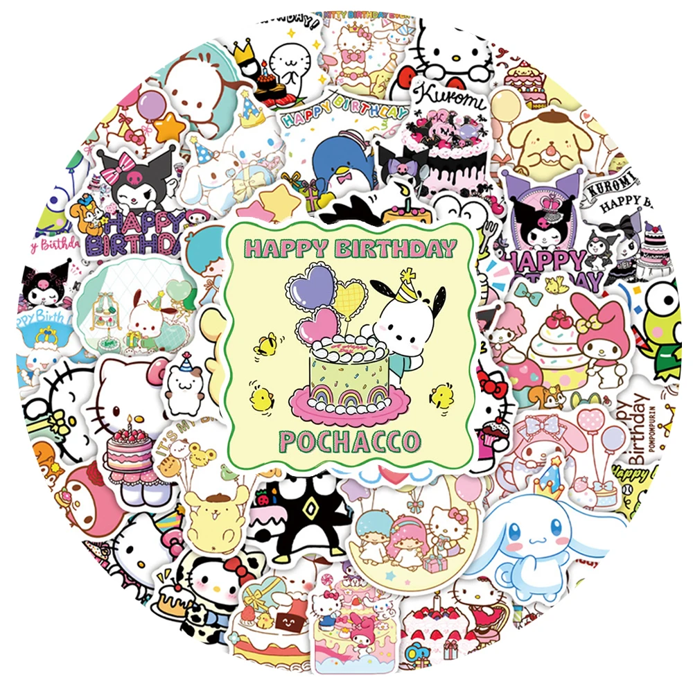 

10/30/50pcs Cute Cartoon Happy Birthday Sanrio Stickers Kawaii Graffiti Sticker Suitcase Notebook Phone Case Decals Decoration