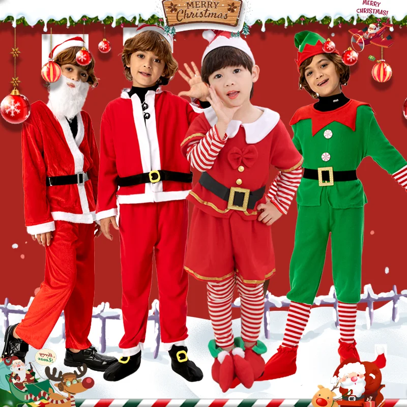 Kids Santa Claus Cosplay Costume with Belt Stripe Christmas Santa Claus Costume Green Elf Cosplay Outfits Perfect for Cosplay