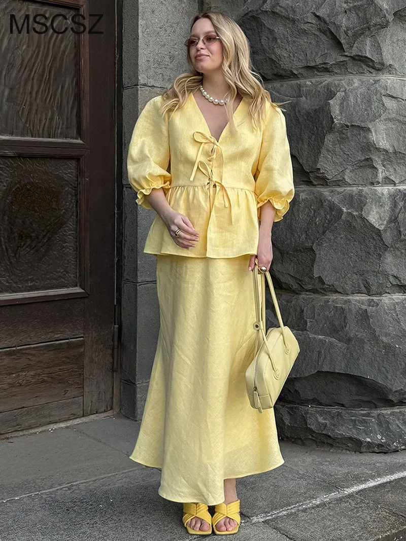 

MSCSZ Elegant Long Skirt and Blouse Set Woman Short Sleeve 100% Cotton Top and Skirt Two Piece Set Vacation Outfit