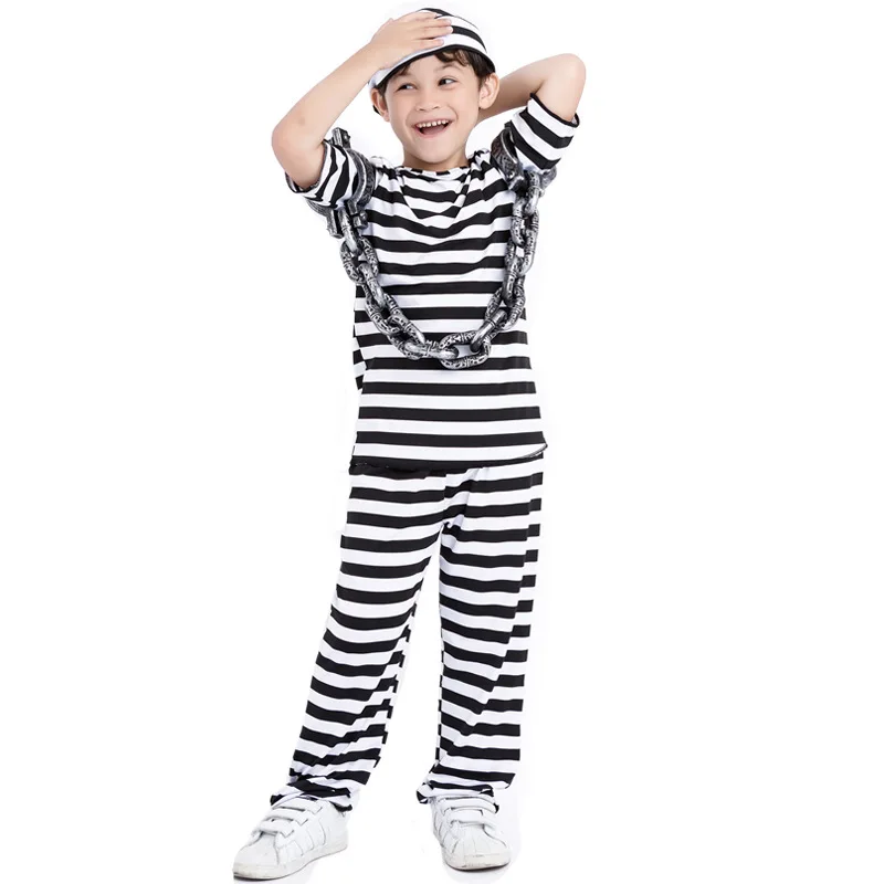 Prisoner Cosplay Costumes Man Women Prison Criminal Suits Jail Adult Black And White Striped Couple Clothes With Hats Halloween