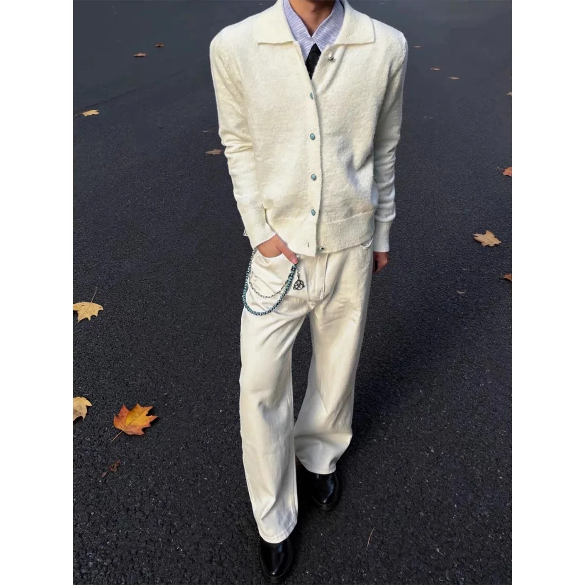 White Turquoise Knit Cardigan Men's Autumn Loose Fit Cleanfit Jacket American Style Casual Loose round Neck Open Front Coat