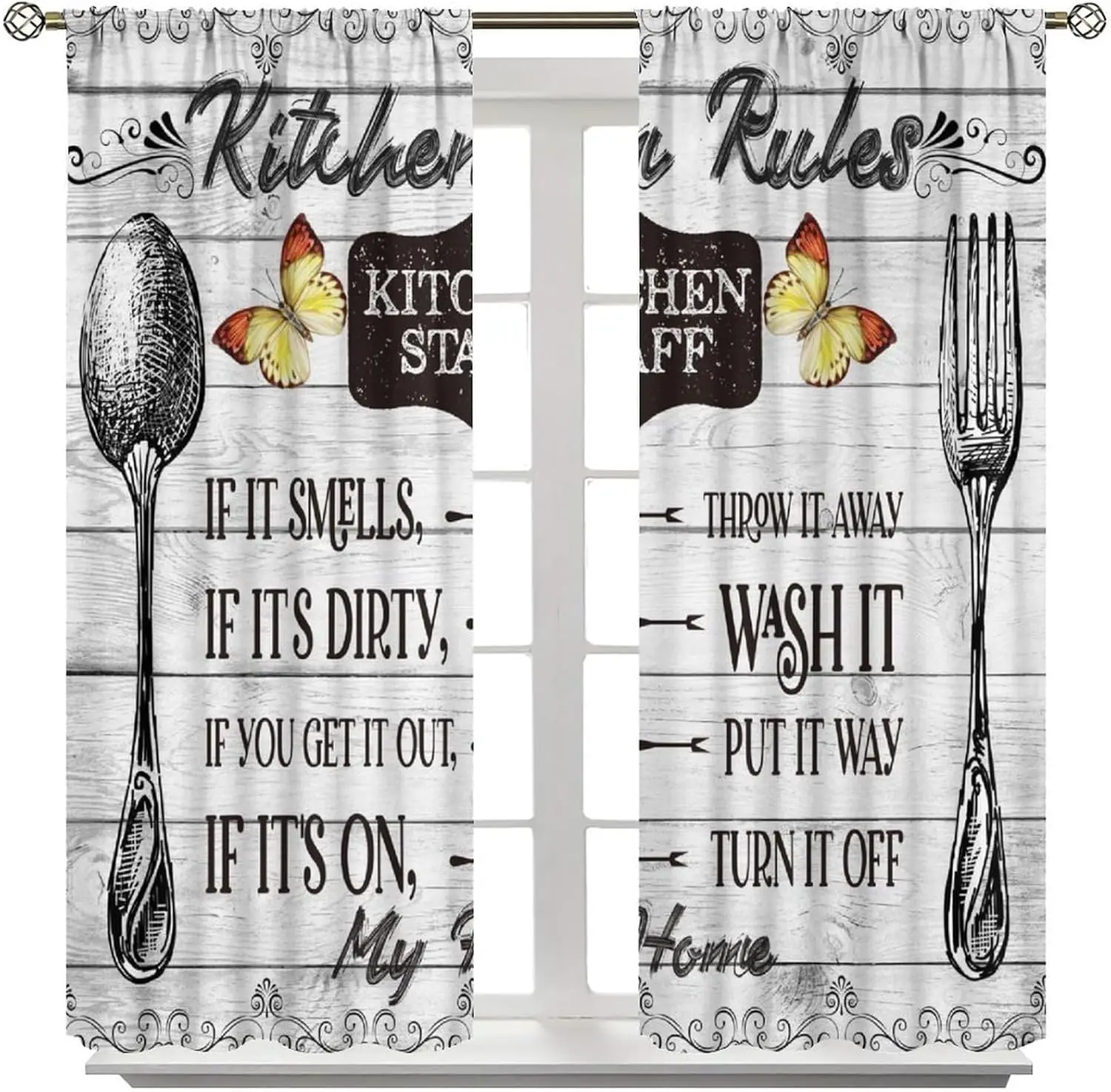 Vintage Country Kitchen Curtains,Farmhouse Knife and Fork Valley Print Butterfly Wood Cafe Curtains for Home Living Room Bedroom