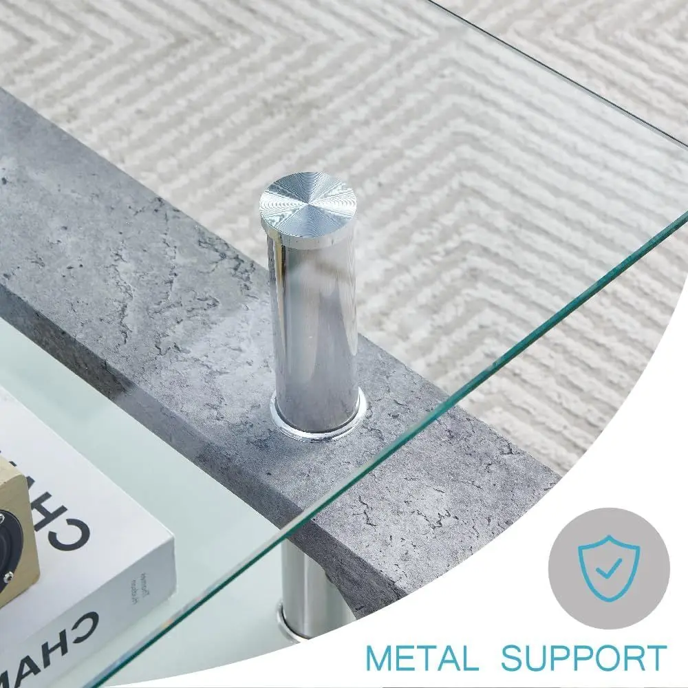 طاولة قهوة حديثة مستطيلة بأرجل خشبية، سطح زجاجي ورف سفلي، مثالية لمناطق الانتظار، طراز رخامي رمادي #4