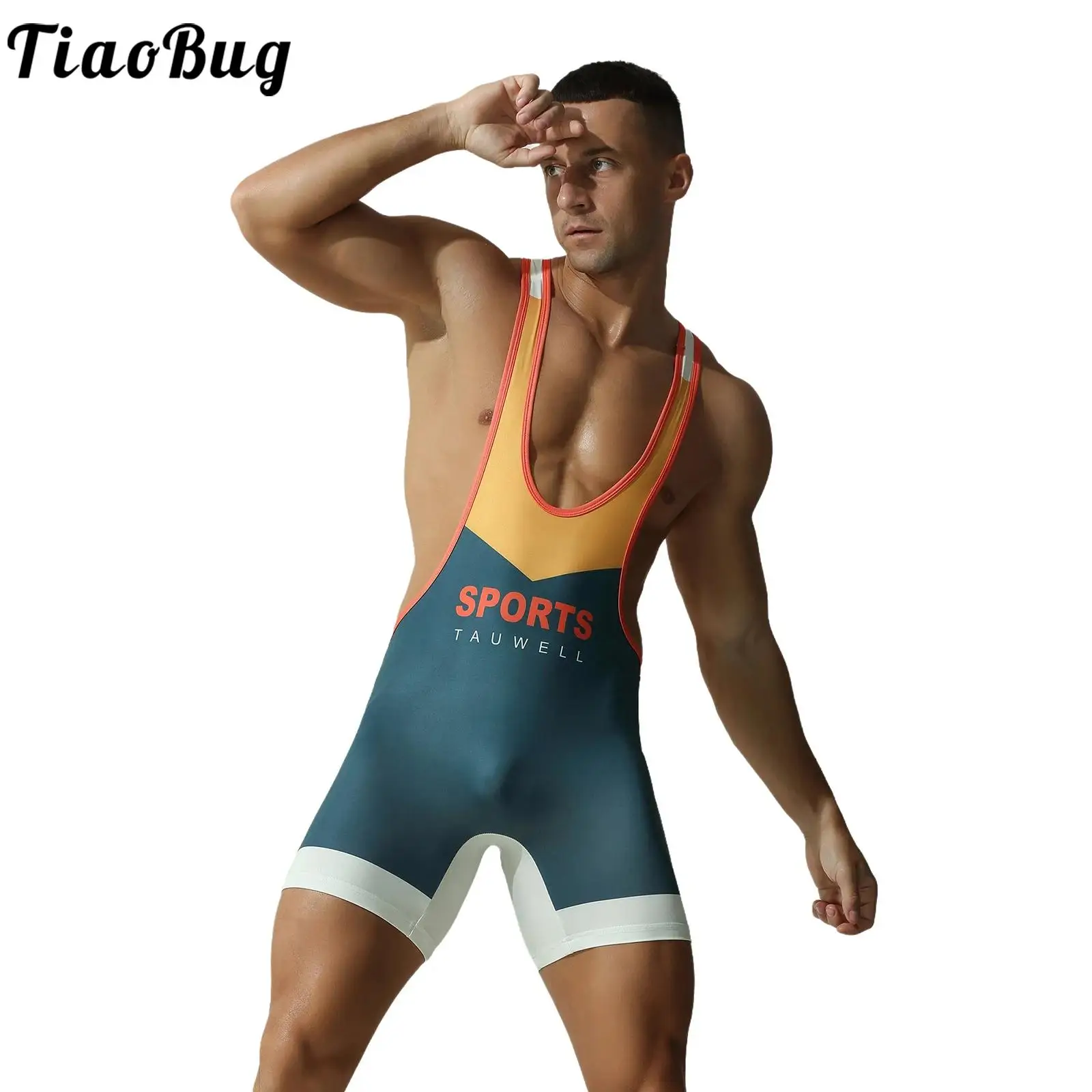 

Men Wrestling Singlets Athletic Bodybuilding Sport Training Bodysuit Sleeveless Stretchy Patchwork Weightlifting Sport Jumpsuits