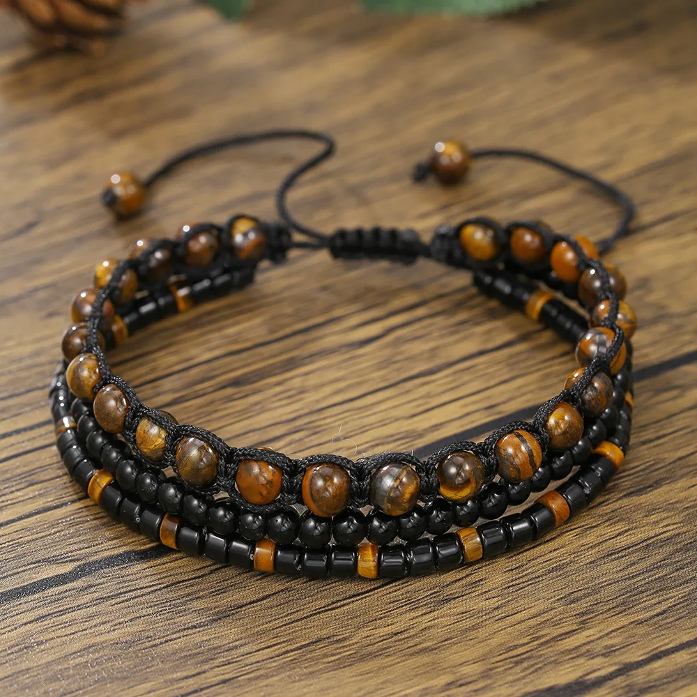 

1PC Men's Retro Multi-Layered Ethnic Beaded Bracelet for Men Adjustable Braided Natural Tiger Eye Stone Bracelets Man Wrist