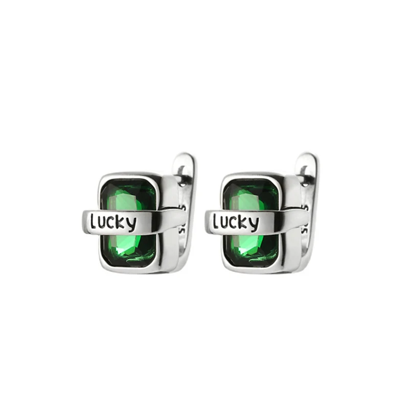 FOXANRY Prevent Allergy Green Zircons Earrings for Women Couple INS Fashion Vintage Punk Lucky English Letter Party Jewelry Gift