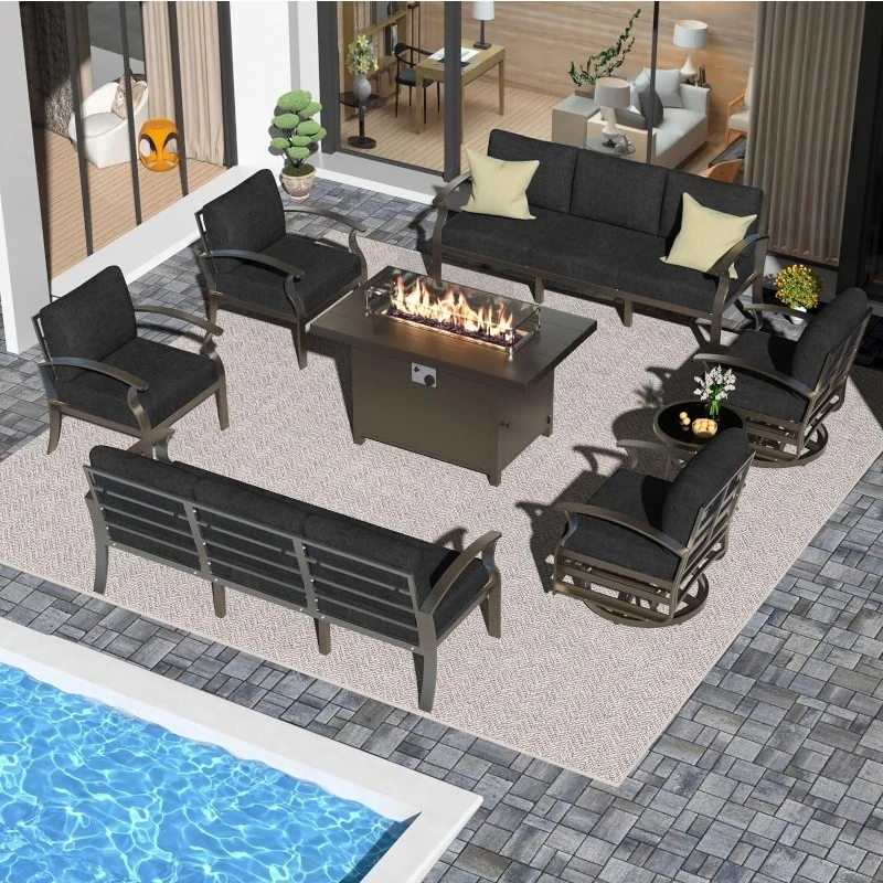 

Patio Furniture Set with 55,000 BTU Propane Fire Pit Table,10 Seats Metal Modern Outdoor Furniture w/5.1" Cushions