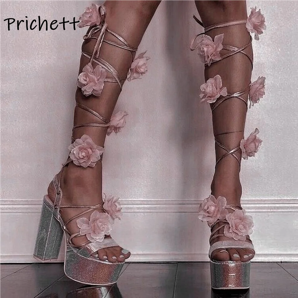 Flower Platform Sandals Straight Strap Lace Up Pink Sweet Style Summer Vocation Shoes Pink Chunky Heels Women's Sandals 2025