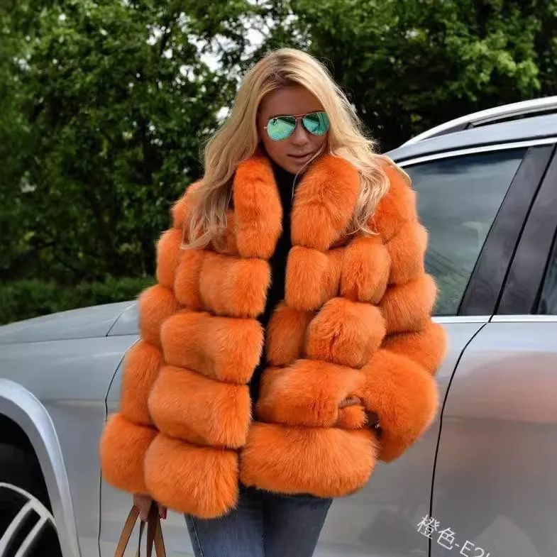 

Autumn Winter Open Stitch Women Fur Jacket Coat Women Fox Faux Fur Coats Mid Length Coat Full Sleeve Thick Warm Elegant Splice