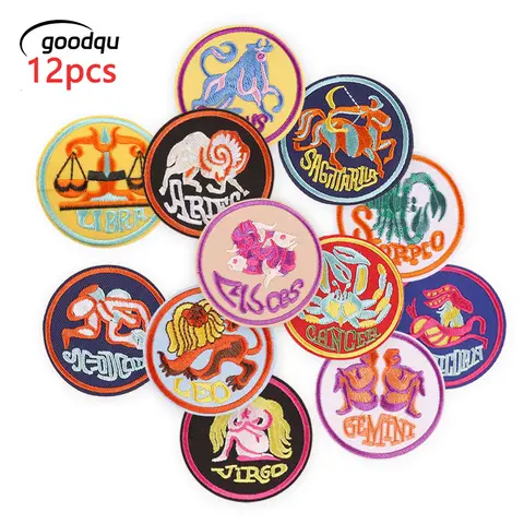 12 Pcs Constellation Patches For Clothing Iron On Letters Embroidered Jackets Sewing Animals Fabrics Lots Diy Pack Applique Cute