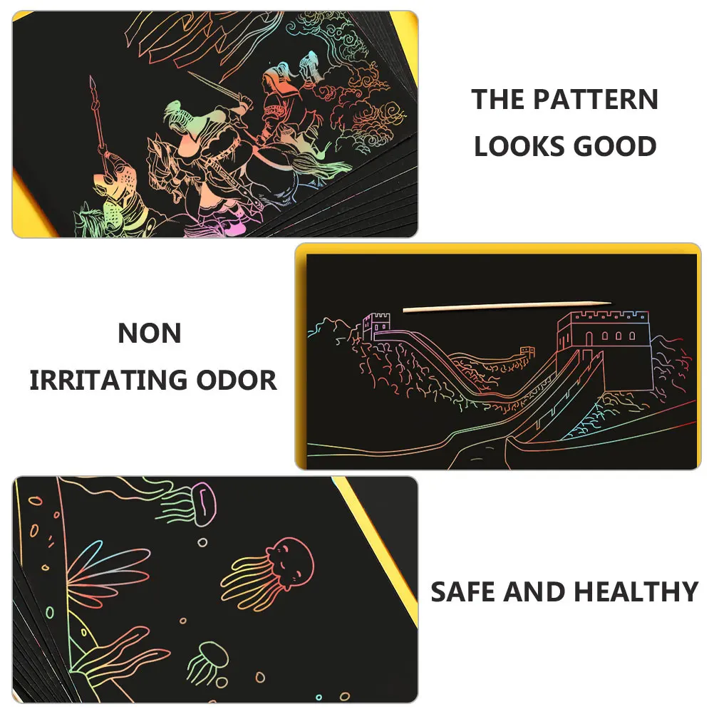 

Scratch Painting Set Art Crafts Kids Black Coated Paper Sheets Wooden Styluses Safe Environmental Friendly Greeting Cards Doodle