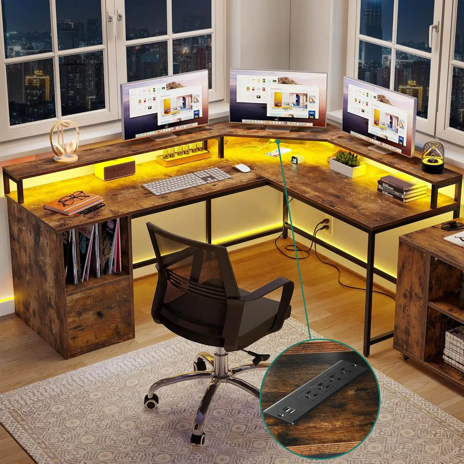 

YITAHOME L Shaped Desk with Power Outlets & LED Lights, 67" Computer Desk with File Drawer, Corner Home Office Desk