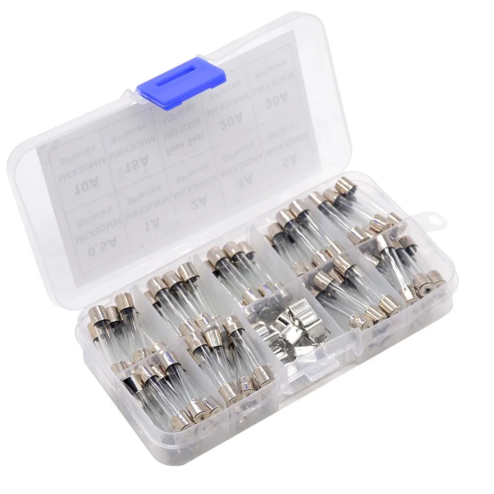 72PCS 6X30MM Glass Fuse 0.5A-30A Quick Blow Glass Tube Fuse Assorted Kits sample box with bracket