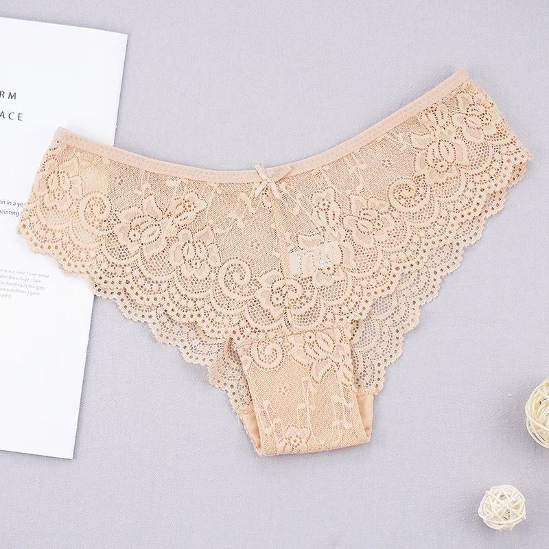 Fashion Sexy Full Lace Panties Transparent Women Briefs Female Hollow Out Low Cut Panty Breathable Bow Wholesale Underwear Thong