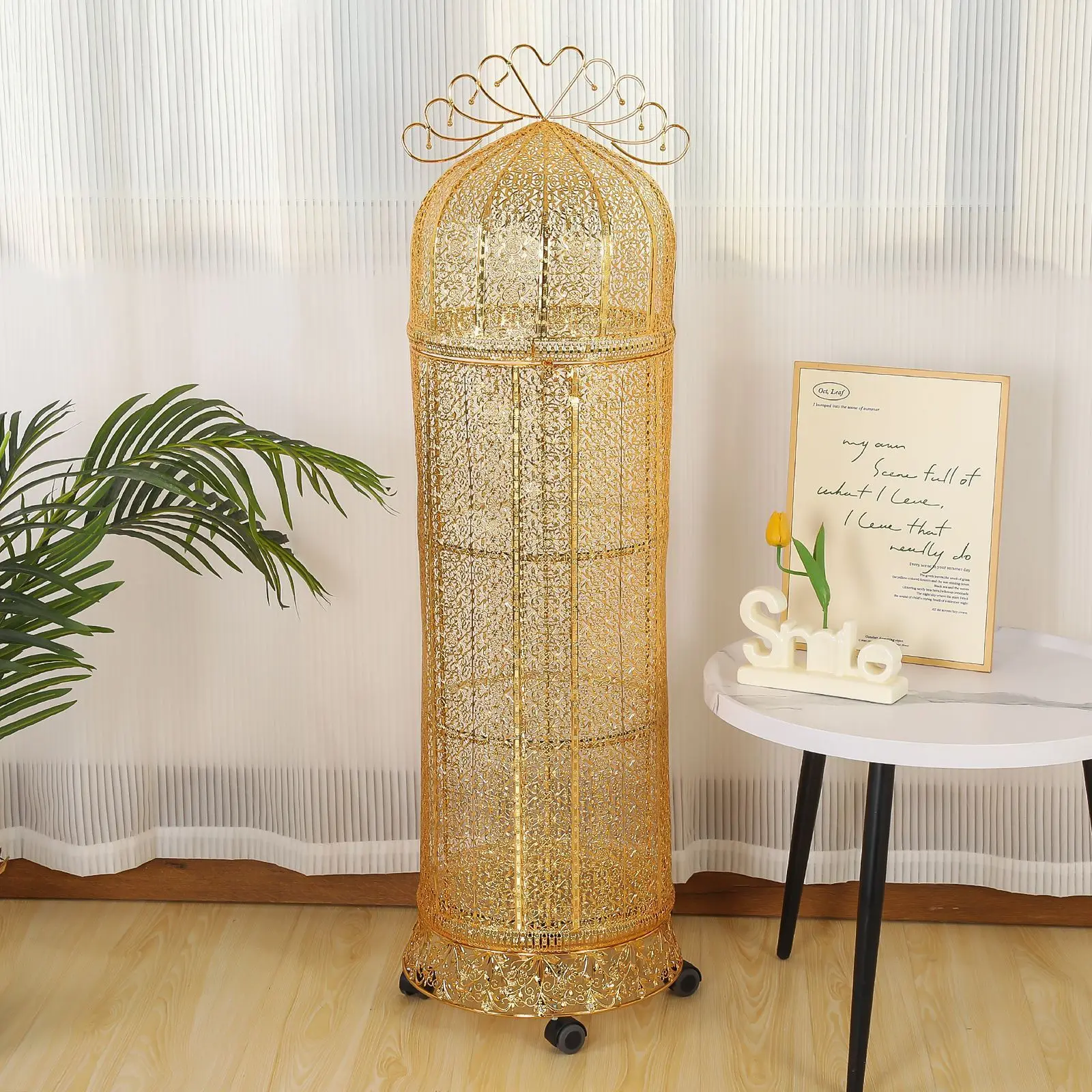 Nordic Style Iron Glass Birdcage Storage Rack Multi Layer Movable Floor Stand Display Shelf for Living Room Balcony Home Decor