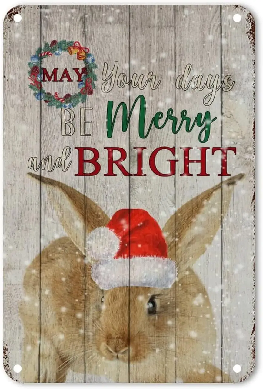 Be Merry and Bright Metal Sign Farm Rabbit Mistletoe Wreath Yard Sign Shabby Hello Winter Garage Signs Poster Metal Sign Art for