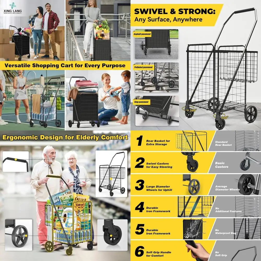 

Folding 3.7 Cu Ft Shopping Cart with 380 LB Capacity, 360° Swivel Wheels, Double Basket, and Removable Waterproof Liner