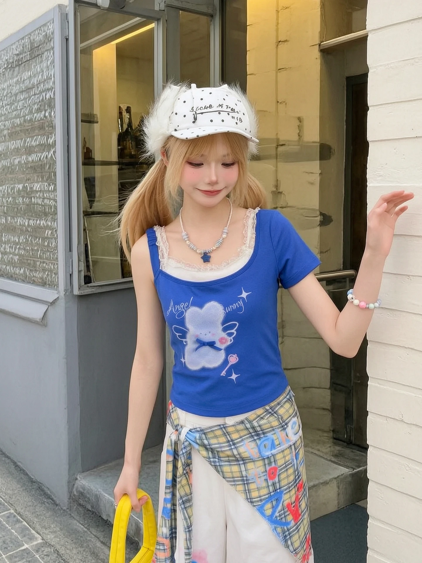Klein Blue Angel Rabbit Short Sleeve T-Shirt Women's Summer Slim Fit Sweet Style Cotton Polyester High Waist Printed Lace