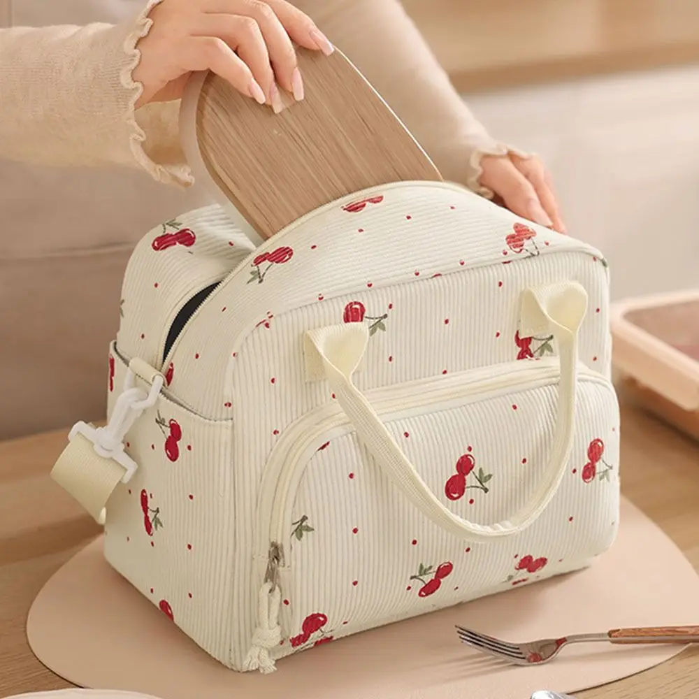 Portable Corduroy Lunch Bag Large Capacity Strawberry Pattern Picnic Bag Reusable Leakproof Food Thermal Handbag Women's Use