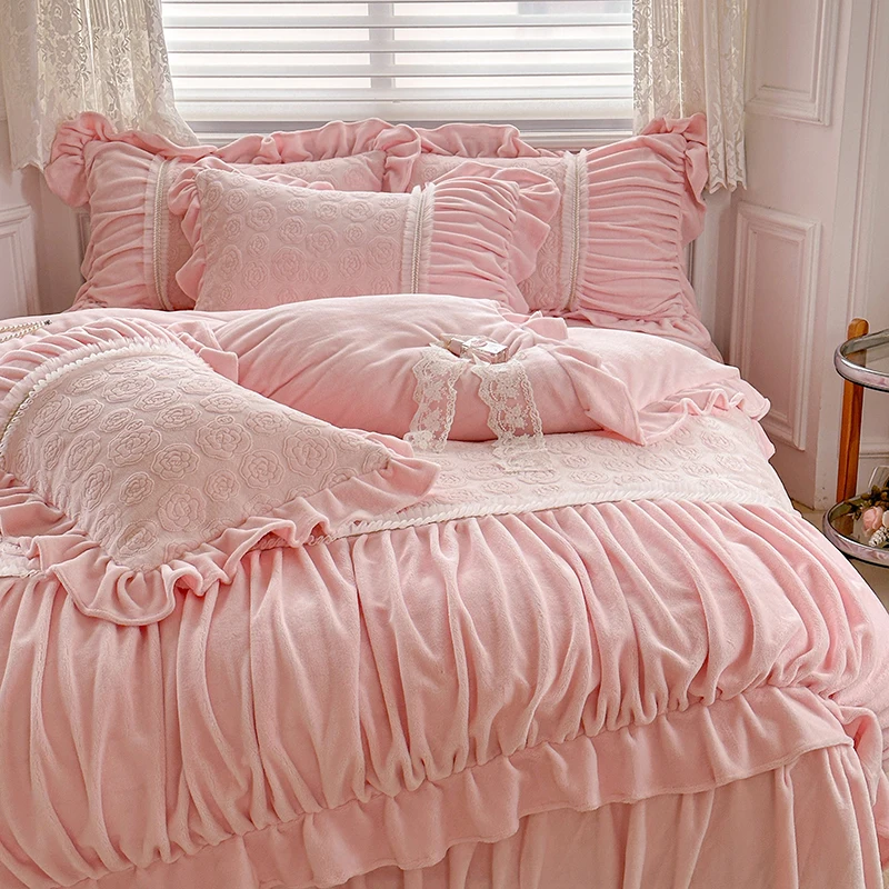 Coral Velvet Duvet Cover and Pillowcases, Princess Bedding Set, Pink, Rose, Carved, Pleat Ruffles, Patchwork, Bed Sheet, Winter