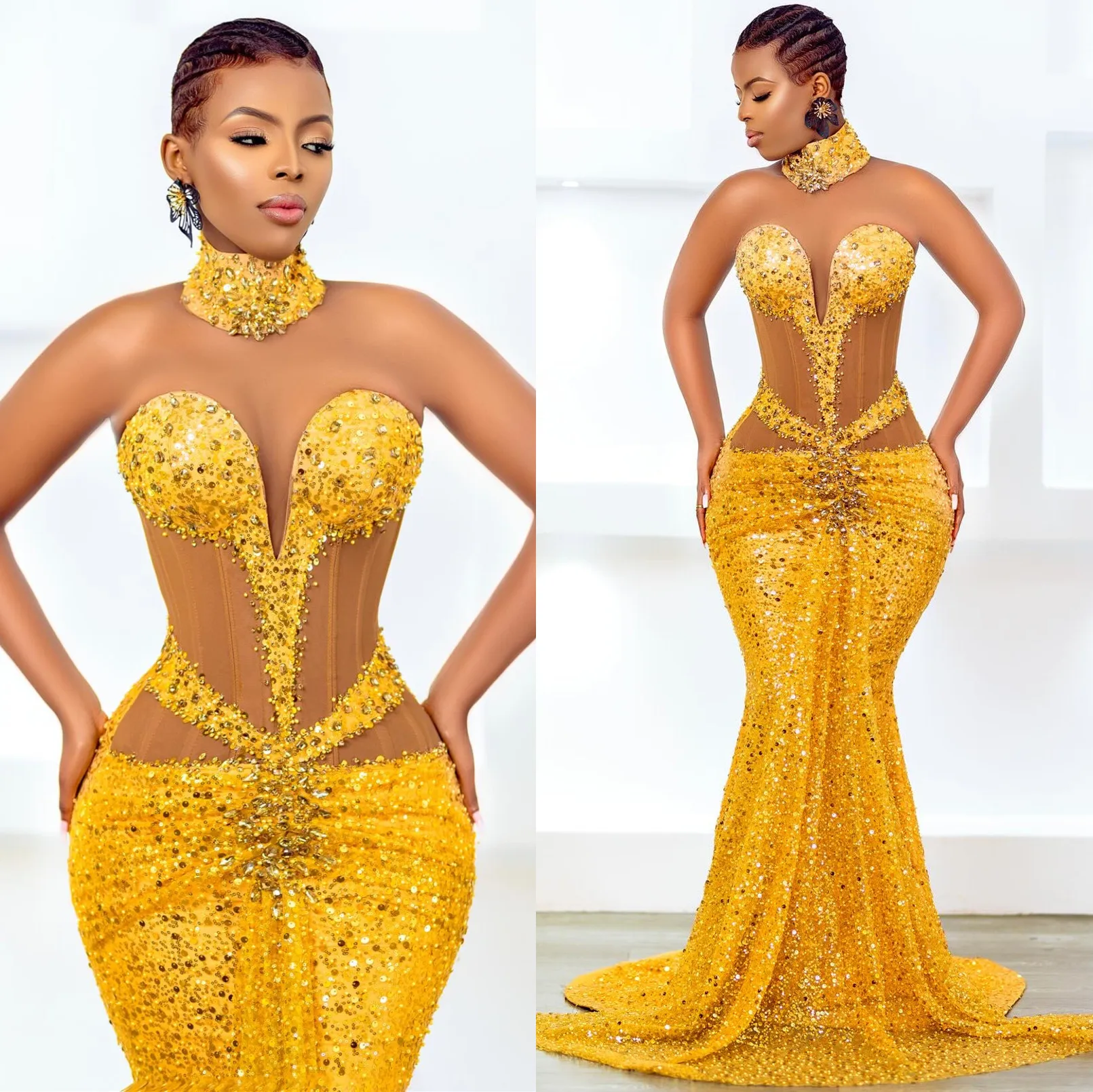 2024 Aso Ebi Yellow Mermaid Prom Dresses Sweetheart Beaded Evening Formal Party Second Engagement Birthday Gowns Dresses ZJ77