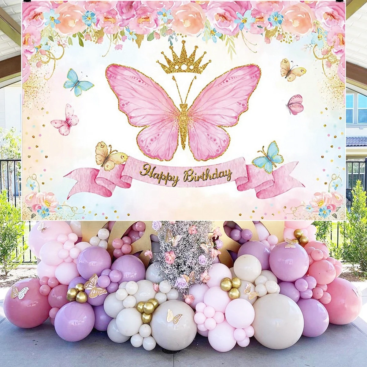 Pink Butterfly Flower Happy Birthday Background Baby Shower Girl Birthday Party Scene Decoration Banner Photography Background