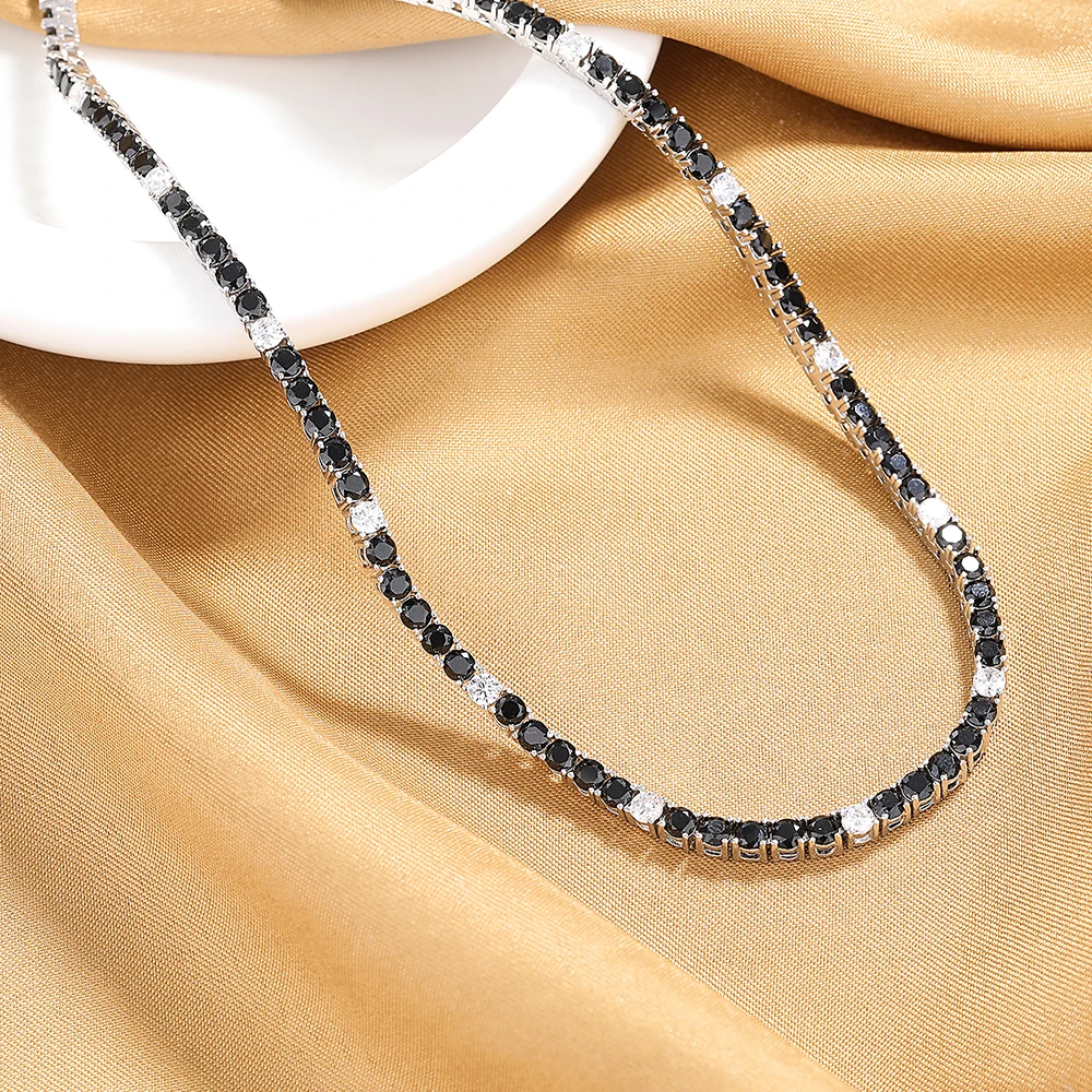 16/18 Inch (41/45 cm) Real 925 Sterling Silver Tennis Chain Necklace 3 mm wide 5pc Black Mix 1pc White Cubic Zircon Fine Jewelry
