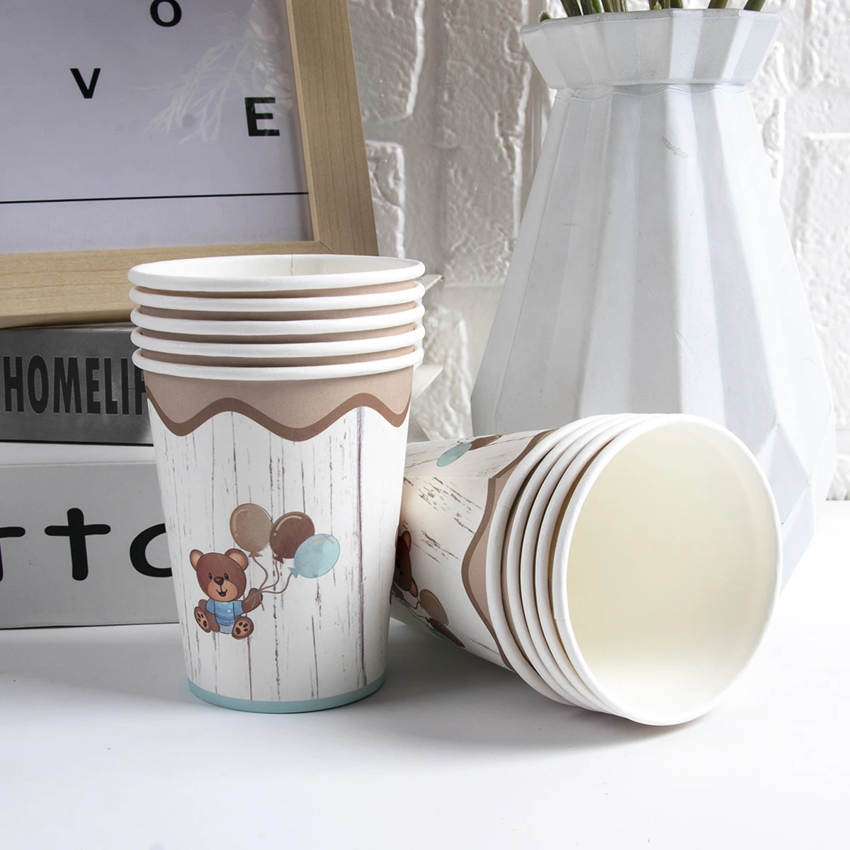 Cute Bear Disposable Tableware Sets Brown Blue Paper Plate Cup Napkin Baby Shower Kids Birthday Party Decoration Supplies